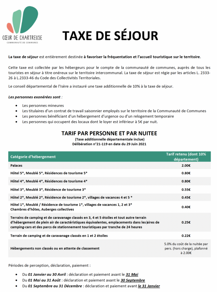 Affiche de la taxe de séjour en vigueur 